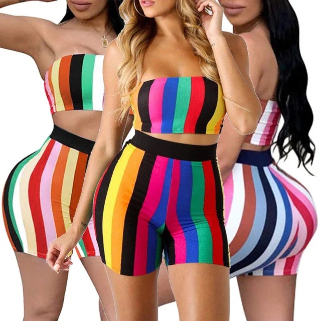 

New Fashion Womens Summer Clothes Sets Sexy 2 Piece Outfits Bodycon Stripe Print Crop Top and High Waist Shorts
