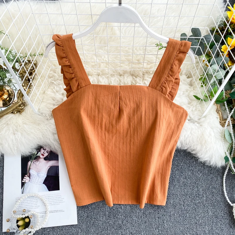 Женский жилет на бретельках свободный кроп топ с открытой спиной однотонный