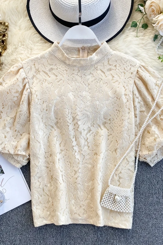 

lace tops women 2020 summer korean clothes vintage blouse blusas femininas elegant solid color puff sleeve white shirts