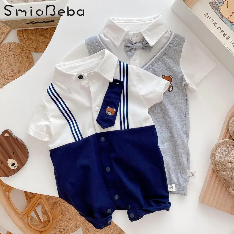 

Baby Brand Clothes Jumpsuit Summer Boys Girls Thin Fake Two Piece Bodysuits Bear Cute Pattern Short Patchwork Rompers 0-24 Month