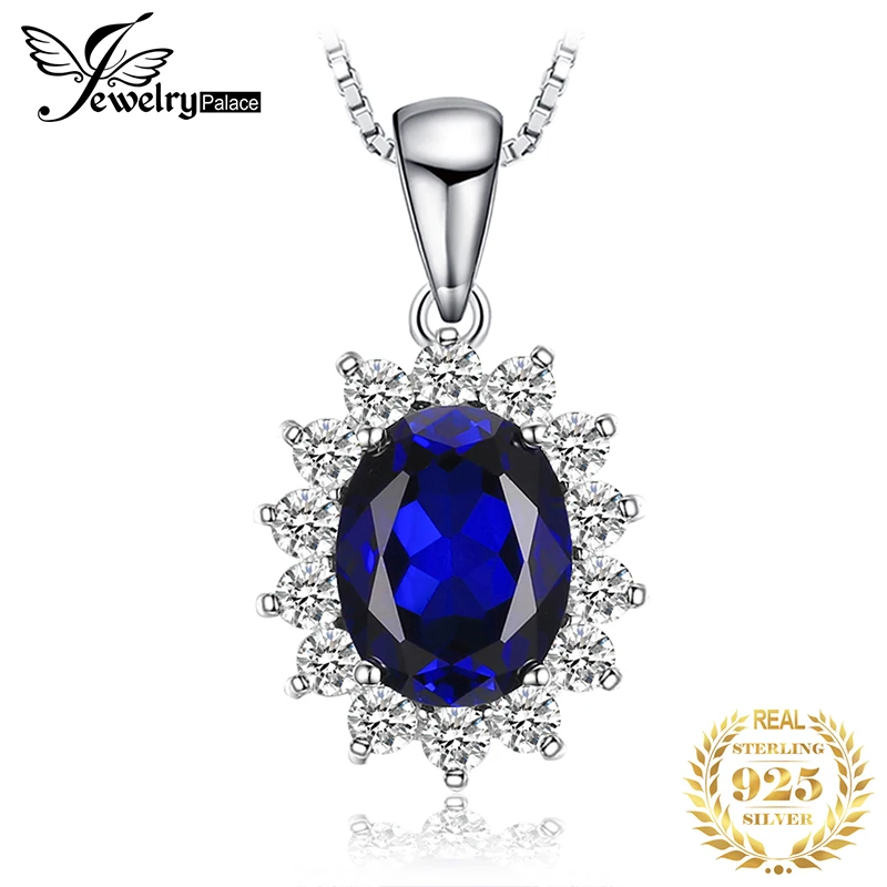 

JewelryPalace Princess Diana Created Blue Sapphire 925 Sterling Silver Kate Middleton Crown Pendant Necklace for Women No Chain