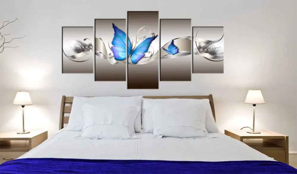 

Blue butterflies Home Wall Decoration 5 Piece Set Canvas Printing Drawing Living Room Modern Space Art