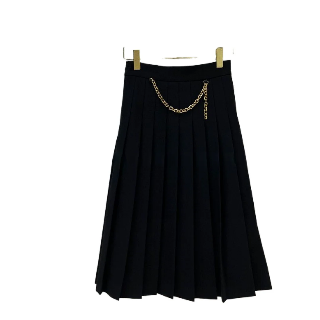 

Office Lady Versatile Solid Black Long Skirt 2021 New Spring High Waist Chain Decoration Skirt Big Hem Pleated Polyester Skirts