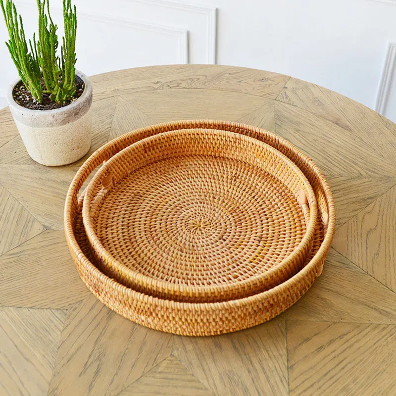 

Плетеный вручную лоток для хранения из ротанга, круглая корзина для хранения хлеба, фруктов, десертов, Плетеный сервировочный лоток, корзин...