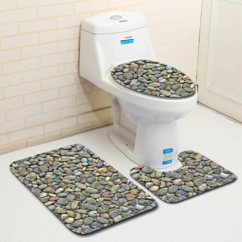 

3 Piece Set Stone Printing Bath Mat Set Anti Slip Carpet Doormat Bathroom Cover Toilet Seat Mat Bath Rug Accessories for Toilet