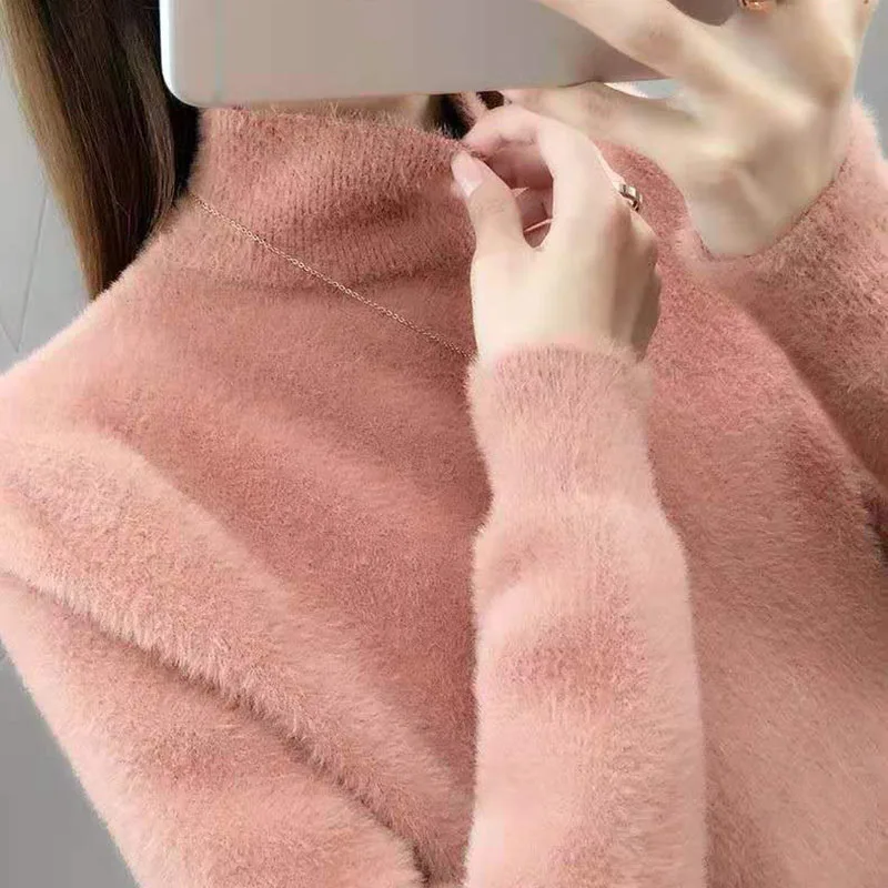 Imitation Mink Cashmere Knitted Women Turtleneck New Autumn Winter Ladies Sweater Female Long Sleeve Jumper Pullover ok489 | Женская