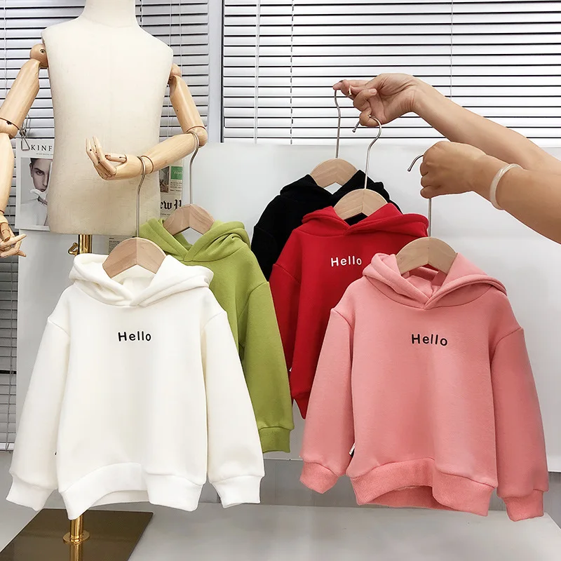 

2021 Children's Pullover Tops Baby Kids Boy Girl Clothes Hooded Letter Hello Solid Plain Hoodie Autumn Early Winter Hoodies Coat