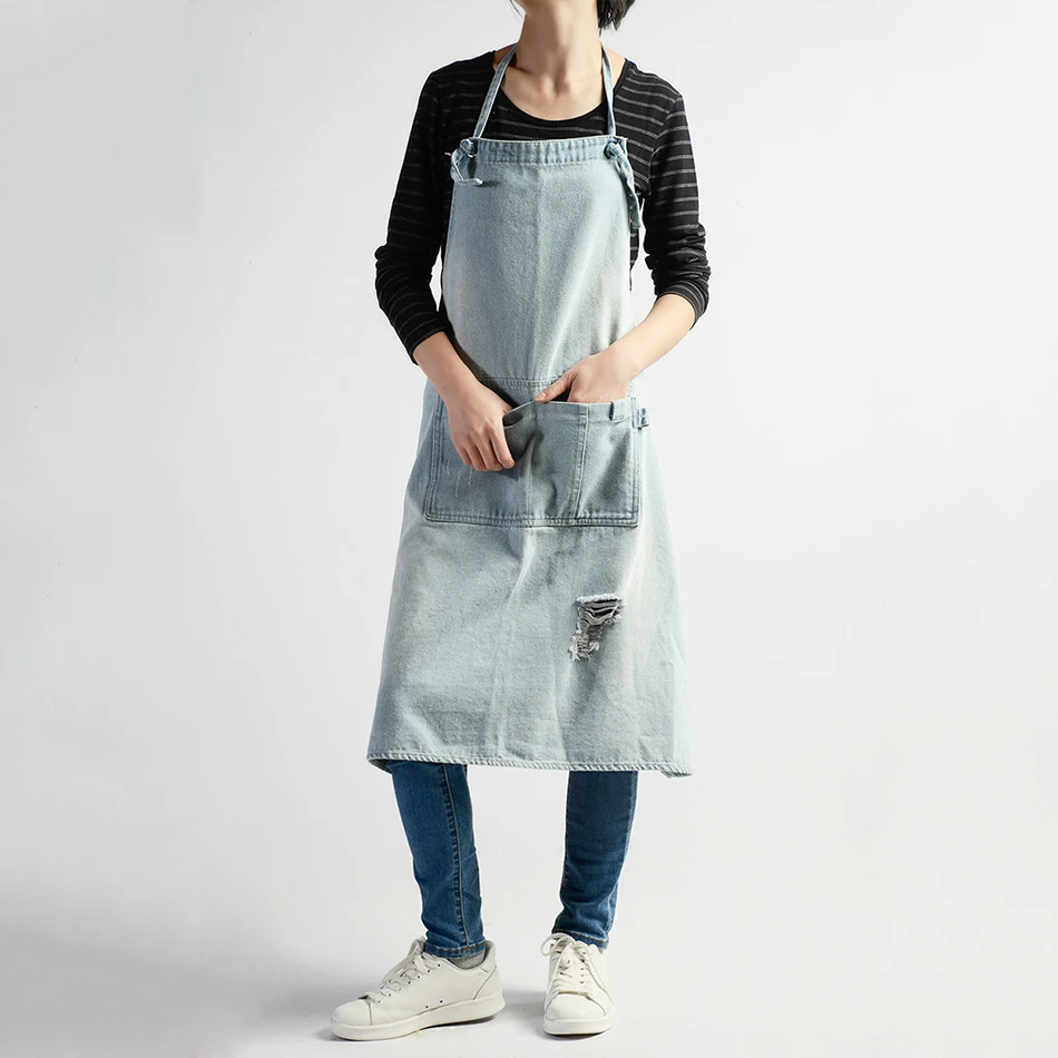 

Korean Apron, 100% Cotton Washed Bib Woman kitchen Apron, Antifouling Smock Oversleeves, Denim Apron, Adult Baking