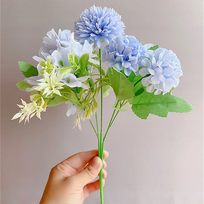 

INS NEW Fake Flower Bouquet 7 Heads Hydrangea Flowers Artificial Bouquet Blooming Rose Peony Pompon Bride Wedding Decoration