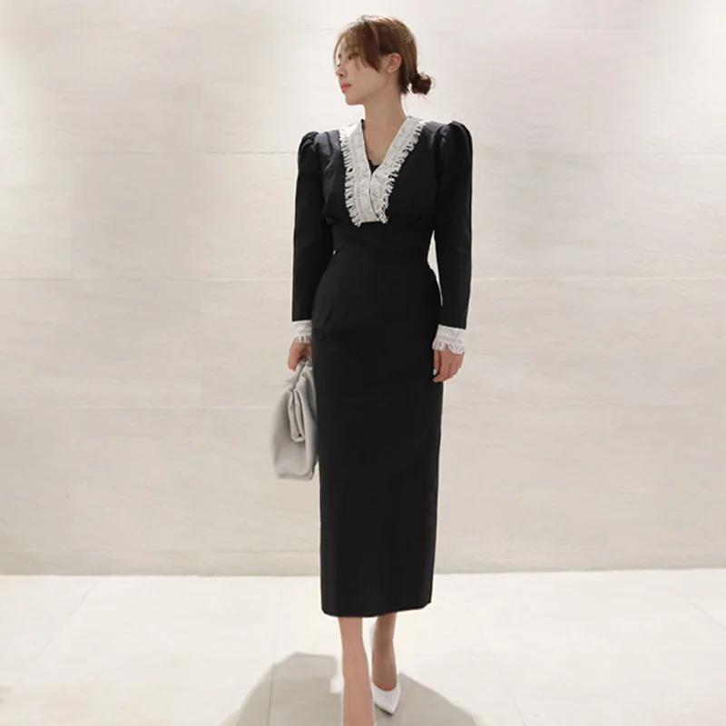 Женская обувь в винтажном стиле Вечерние платье миди с длинными рукавами