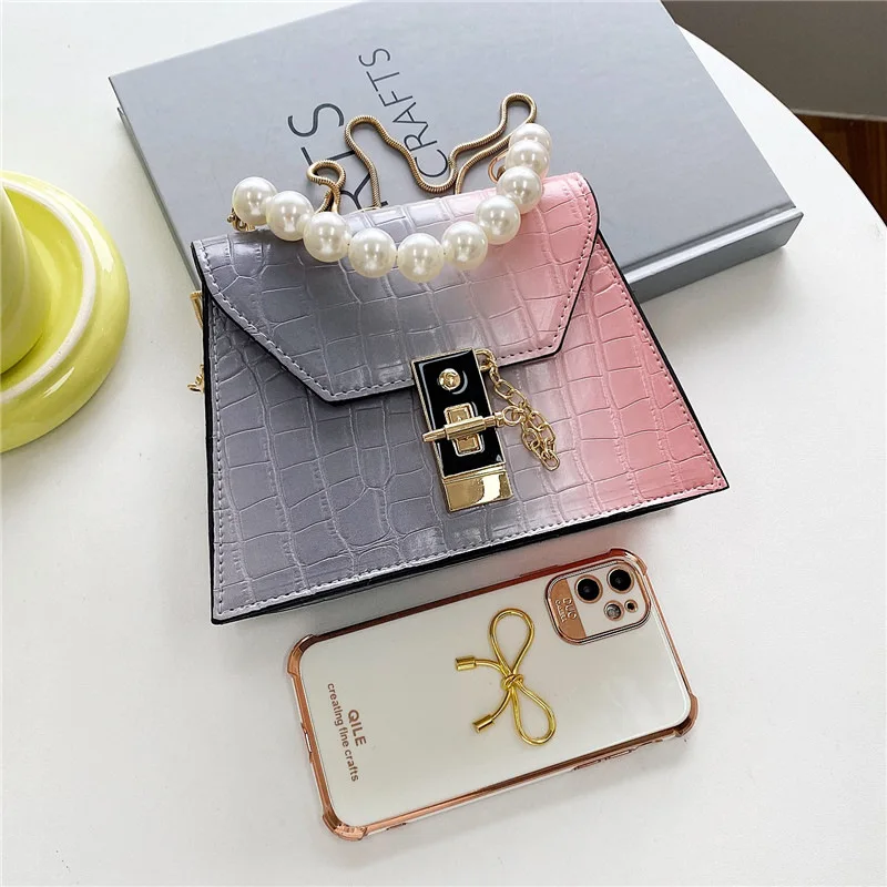 

Pearl Handbags Small Square Bag for Women Girl 2021 Fashion Crocodile Pattern Ins Net Red Female Shoulder Crossbody Tote Bag