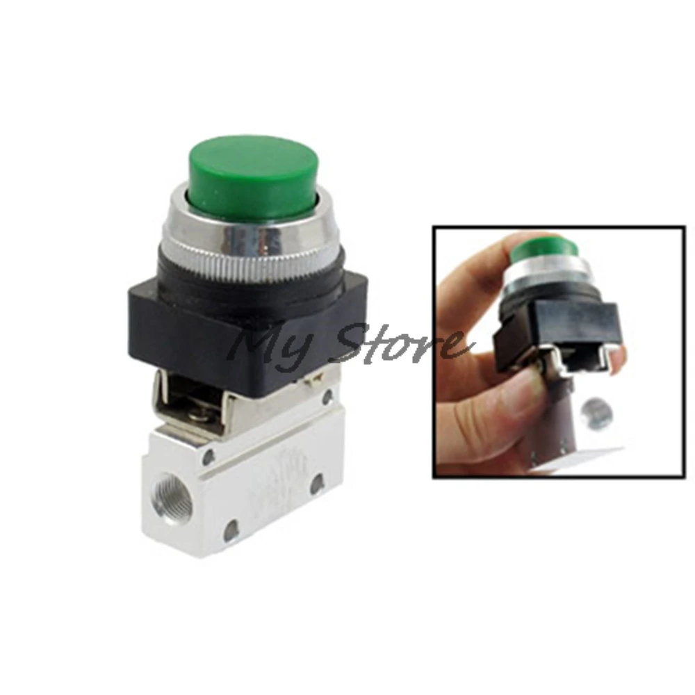 Пневматический клапан с резьбой PT 2 положения 3 направления Зеленая кнопка 1/8