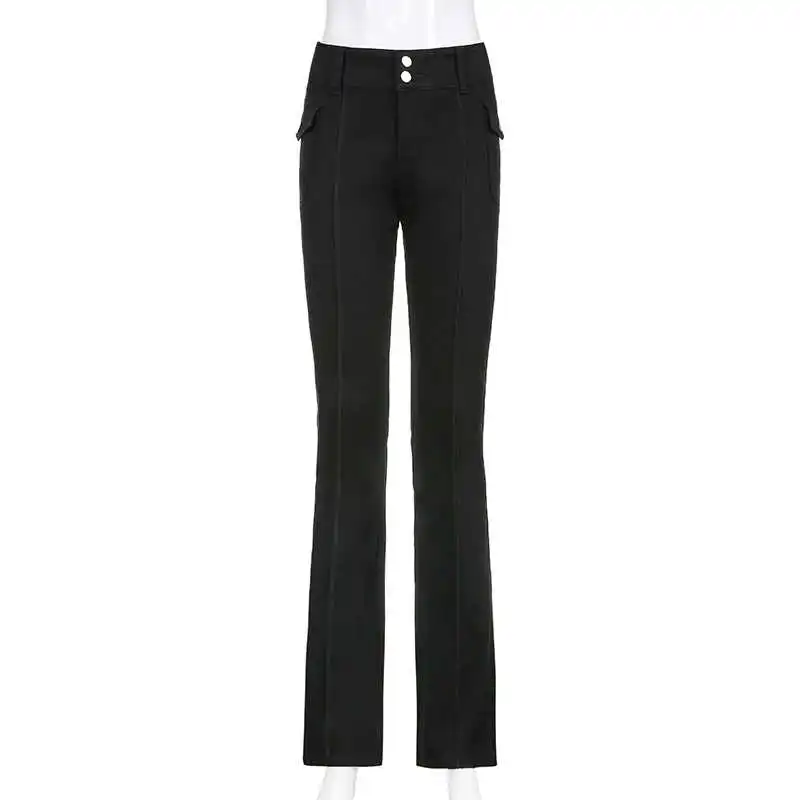 

Y2k Aesthetics Edge Slim Low Waist Black Flare Pants Women E-Girl Vintage Side Pockets Solid Autumn Harajuku 90s Long Trousers