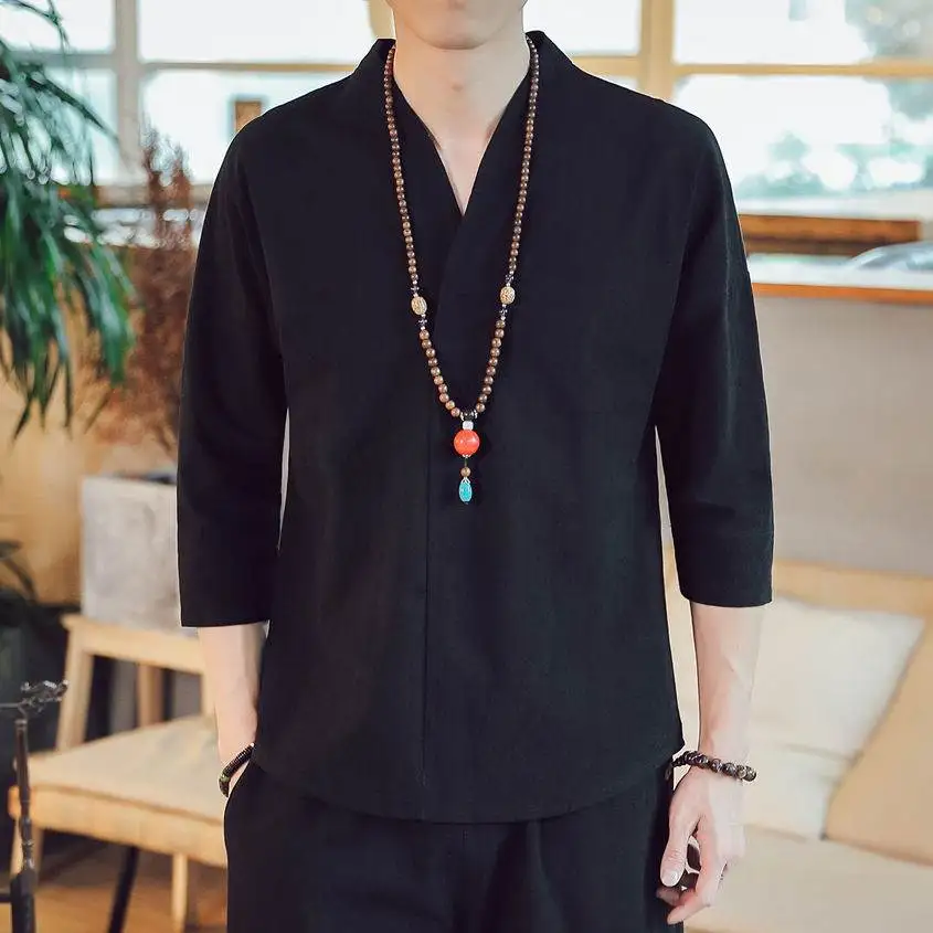 

New Spring Men's Casual Blouse 2022 Summer Solid Color tops three quarter Sleeve Linen cotton Pullover Shirt plus size 7XL 8XL