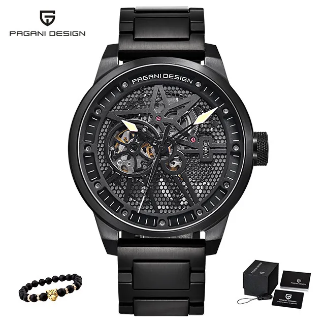 Модный Роскошный бренд Pagani кожаный Tourbillon часы Автоматические Мужские часы Мужские механические стальные часы Relogio Masculino+ коробка - Цвет: S-black