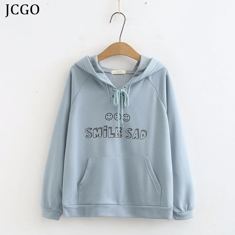 Женские толстовки JCGO с карманами пуловер капюшоном улыбка Грустный принт