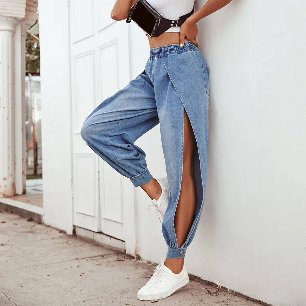 Женские джинсы с разрезами синие брюки модные растягивающиеся для фитнеса