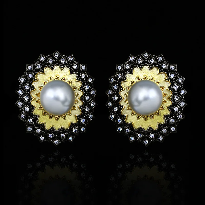 

New Fashion Sun Flower Pearl Earrings 925 Sterling Silver Women's Ear Pins Retro Party Jewelry Wedding Bridal Gift