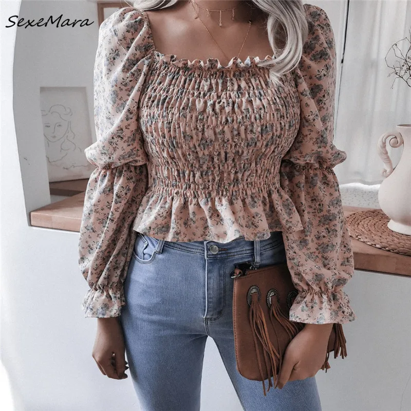 

Fashion Vintage Floral Women Shirts 2021 Spring Elegant Ruffles Flare Sleeves Slim Blouses