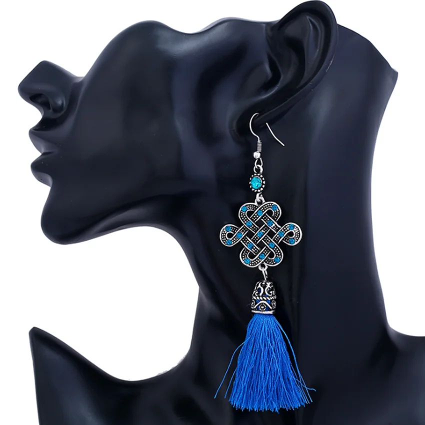 

Silver Plated Alloy Chinese Knot Inlay Rhinestone Drop Earrings with Tassels Classic Style Jewelry