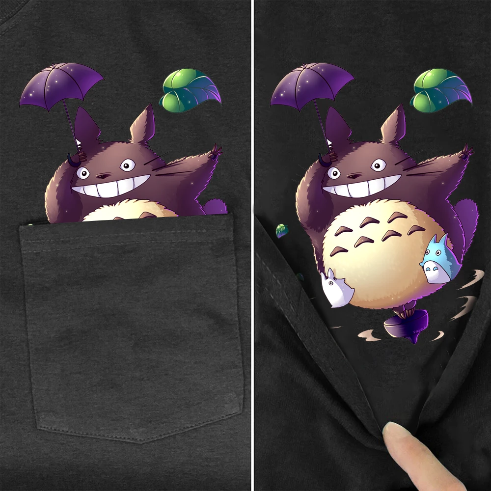 

CLOOCL Funny Cotton T-Shirt Chest Pocket Totoro Printed Men Tee Shirt Short Sleeve Unisex Casual Black Cotton Top Pullovers