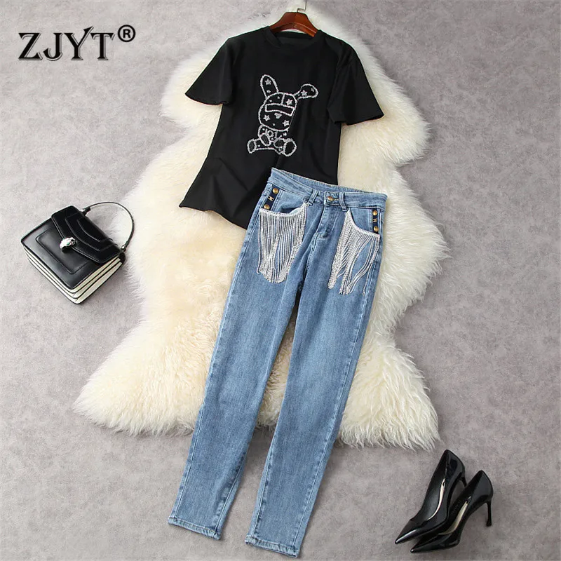 

High Street Fashion Summer Lady Casual Outfits Women Designers Short Sleeve Diamonds T Shirt and Tassel Jeans Pant 2 Piece Suits