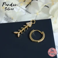 pandoo fashion charm sterling silver original 11 copysingle yellow silver fishbone earrings luxury jewelry gift for female