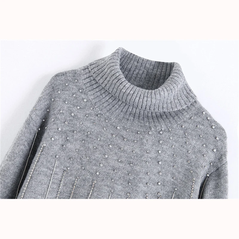 KING ELFIN Fashion Za Sweater Women 2020 Winter Casual Loose Turtleneck Fringe Rhinestone Grey Knitted Female | Женская одежда