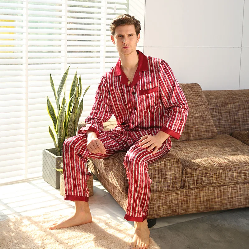 Шелковые пижамы для мужчин весна осень лето полосатые мужские пижамные