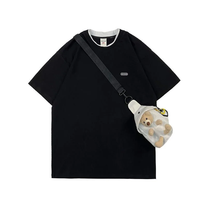 

Summer New Embroidery Short-sleeved T-shirt + Cute Bear Diagonal Backpack Female Loose Casual Top Student Solid Color T-shirt