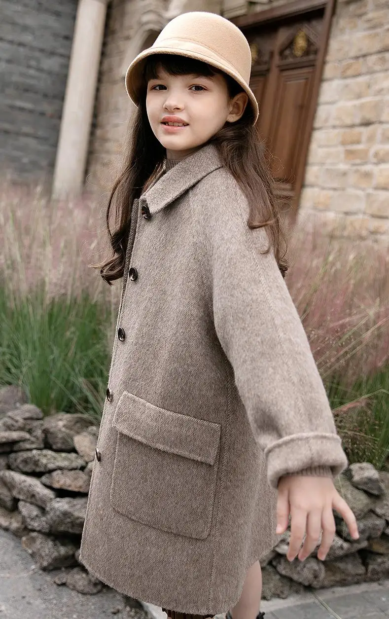 

Winter Girls Mid-length Double-sided Woolen Coats Kids Turn Down Collar Single Breasted Overcoats Children Thicken Warm Jackets