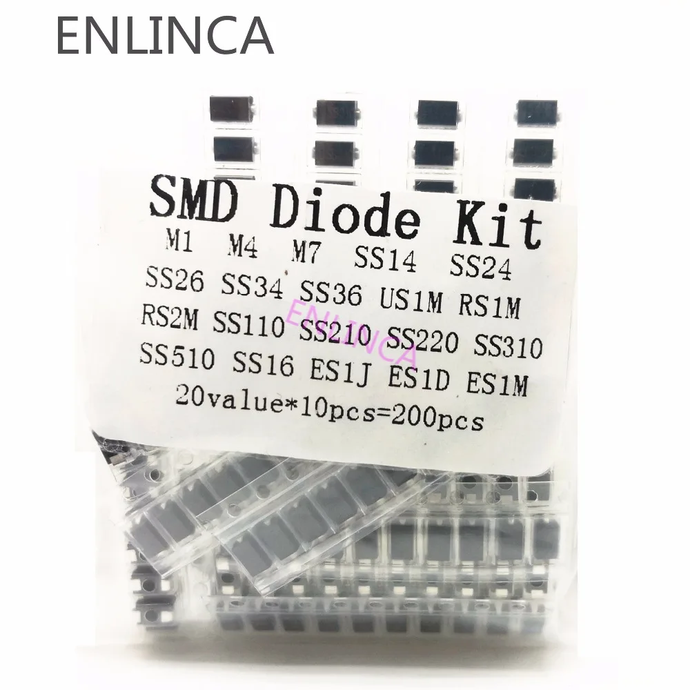 Набор диодов SMD 200 шт./лот 20 значений * 10 шт. содержит SS110 SS220 SS210 SS310 SS510 SS16 SS26 SS34 SS36 ES1J