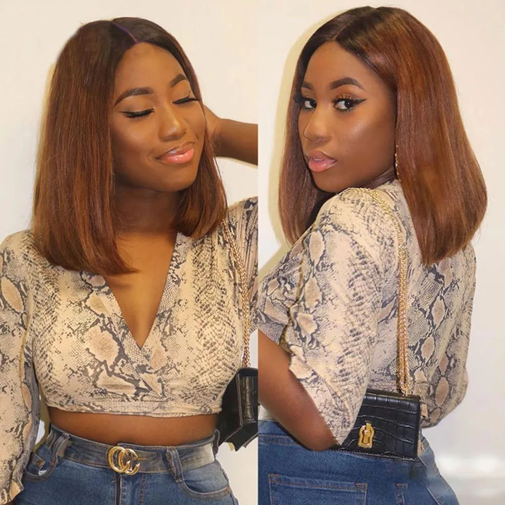 

Short Cut Bob Ombre Brown Preplucked Straight Synthetic Lace Front Wig For Fashion Women With Babyhair Daily/Party Deep Part