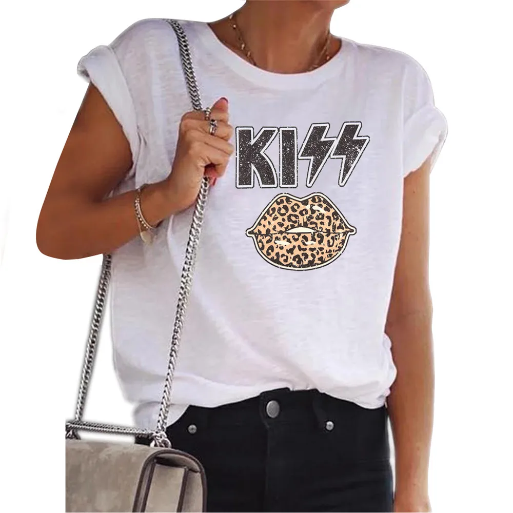 

Women Clothing Summer Tees Casual Short Sleeve Letter Leopard Lips Print T Shirt O-Neck Loose Fashion Plus Size