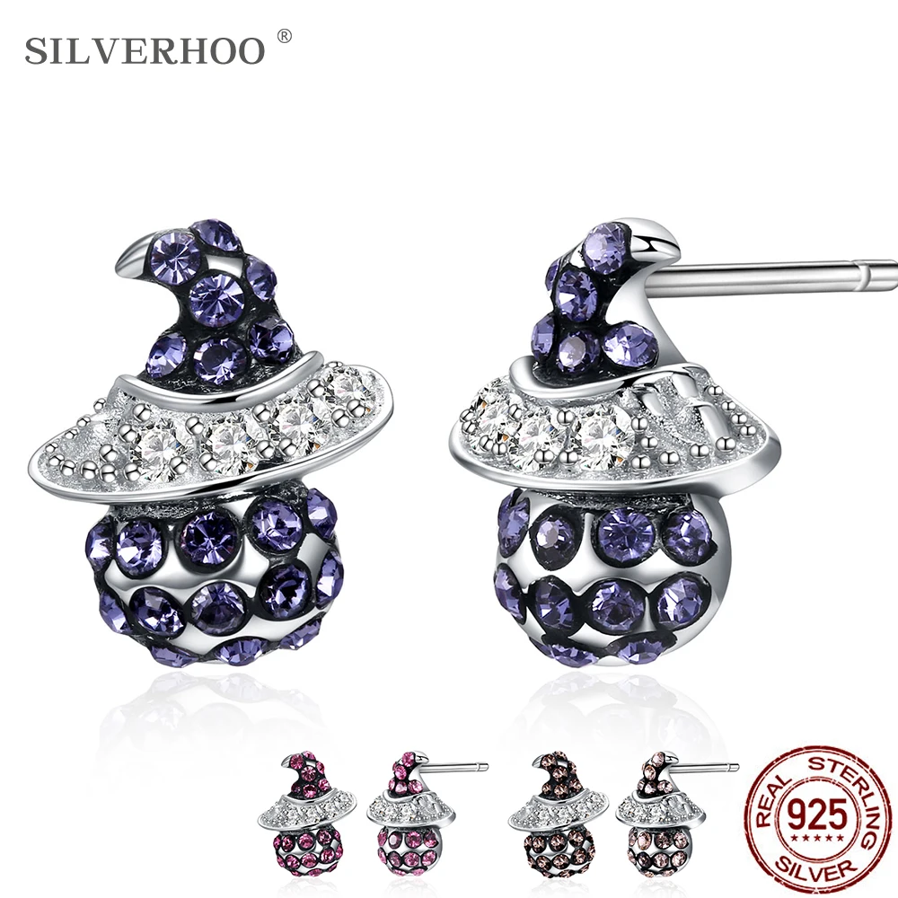 

SILVERHOO Vintage S925 Sterling Silver Colorful Crystal Earrings Halloween Party Witch Stud Earrings Luxury Fine Jewelry 2020