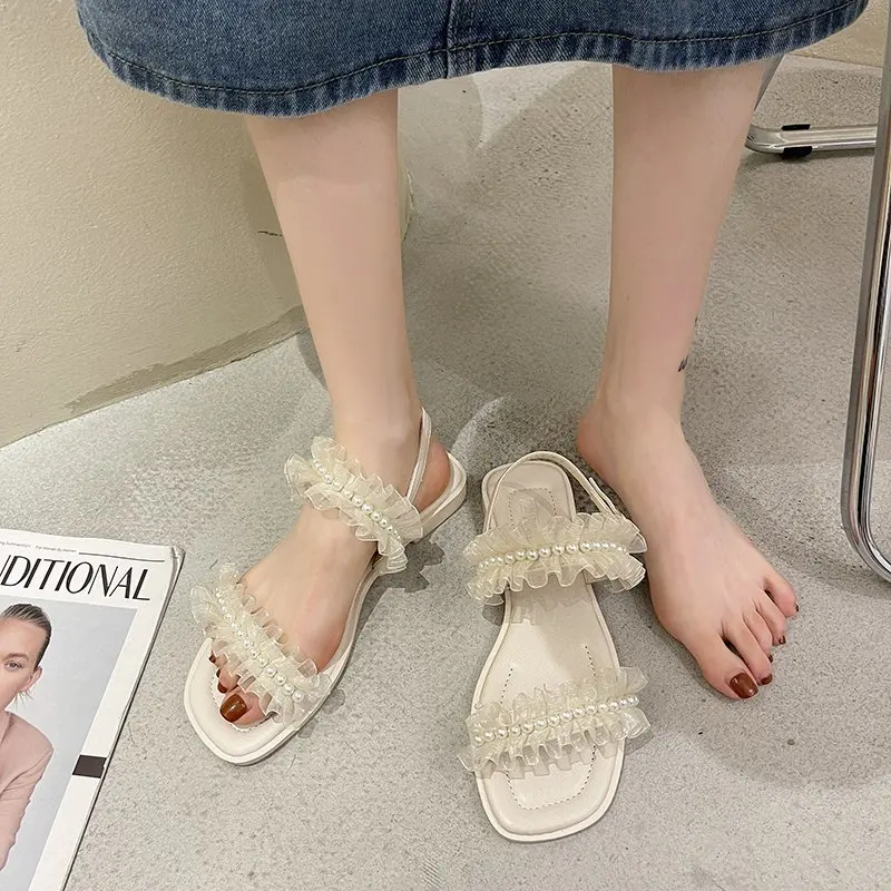 

2021 Summer Low Sandals Woman Leather All-Match Square Toe Female Shoe Clear Heels Buckle Strap Low-heeled Fashion Girls New Com