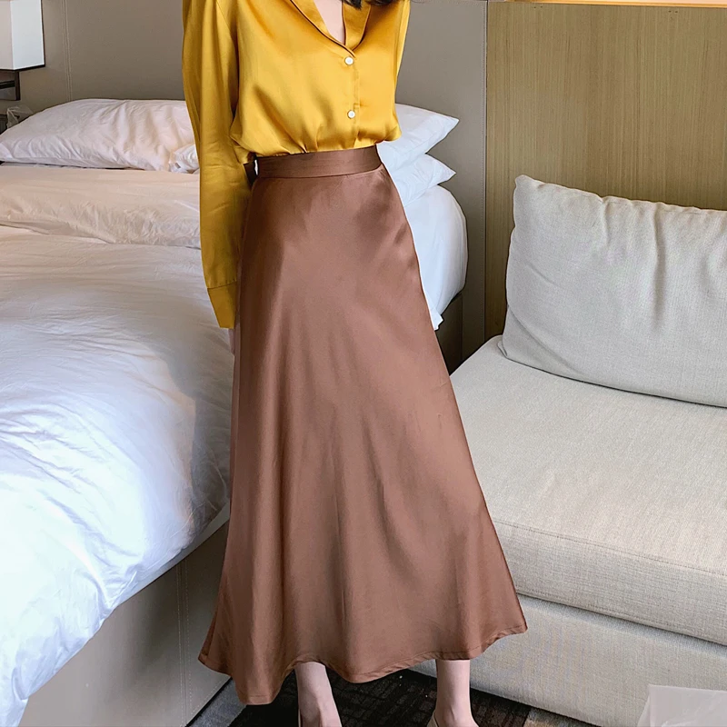 Осень 2021 длинные юбки с высокой талией для женщин однотонные атласные