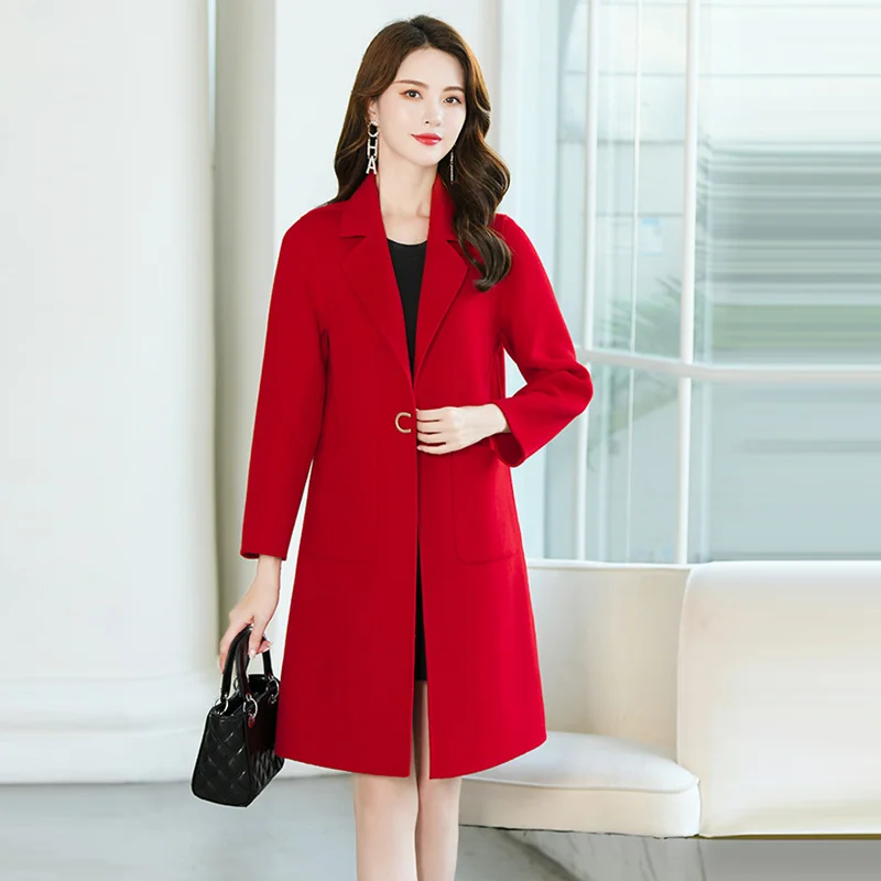 

Bright Red Reversible Woolen Coat Women's One Button Mid-Length High-End Elegant Temperament Overcoat Winter New Korean Style