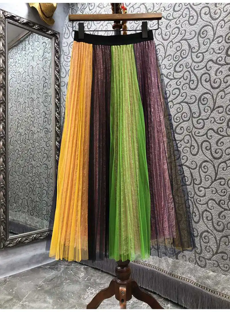 Newest Fashion Skirts 2022 Spring Summer Long Skirt Women Elastic Waist Color Block Lace Mesh Patchwork Casual Maxi Skirts Lady