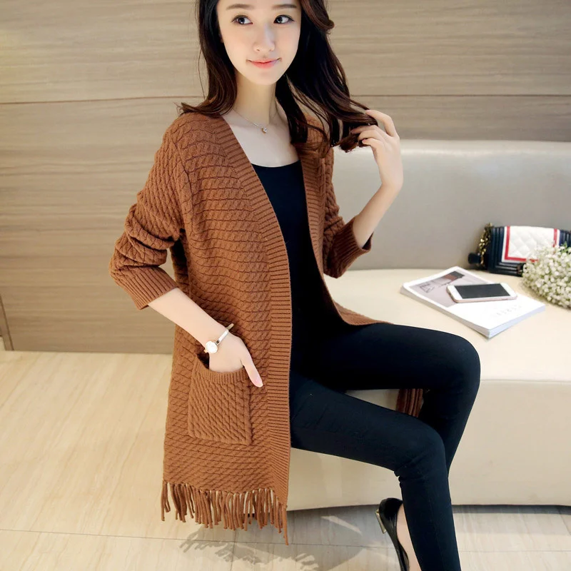 

Tassel Knitted Sweater Cardigan 2021 New Ladies Korean Long Sleeved Solid Knitwear Coat Women Pocket Open Stitch Sueters Mujer