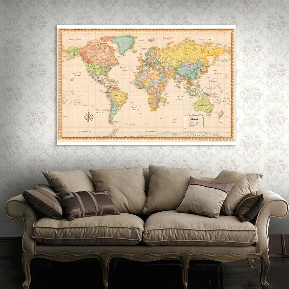 

140*100cm The World Map with Details Retro Wall Art Poster HD Printed Non-woven Canvas Painting Home Decor School Supplies
