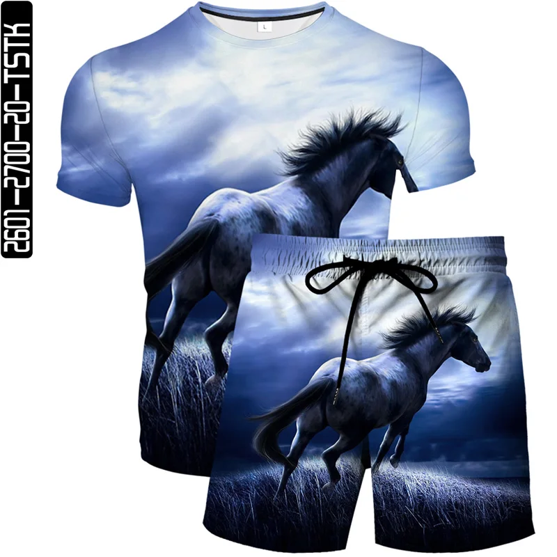 

2021 summer new men's 3D printed beach pants fashion boutique T-shirt two-piece horse element pattern trend must-have