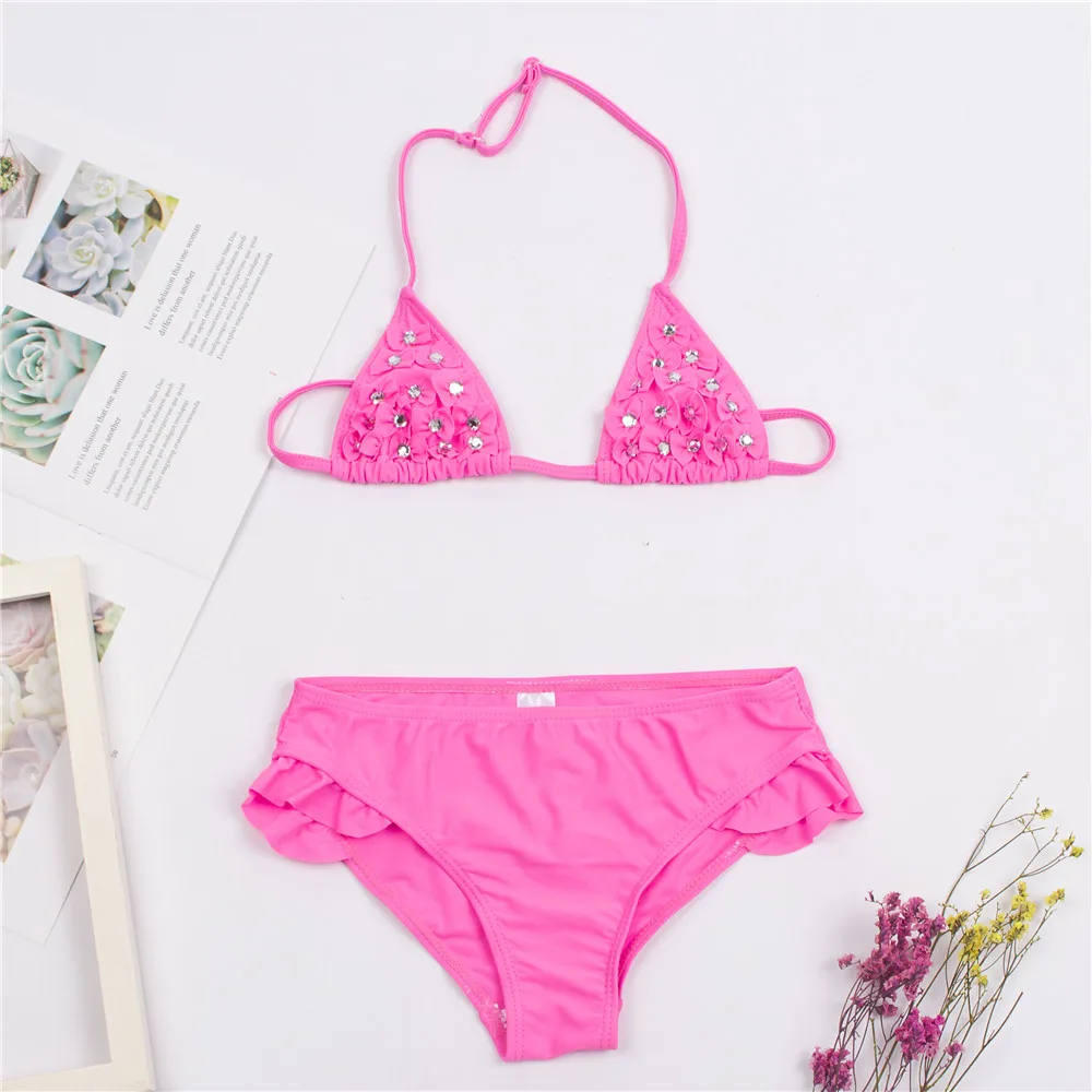 Однотонные Детские бикини с оборкой для девочек детский купальник украшением из