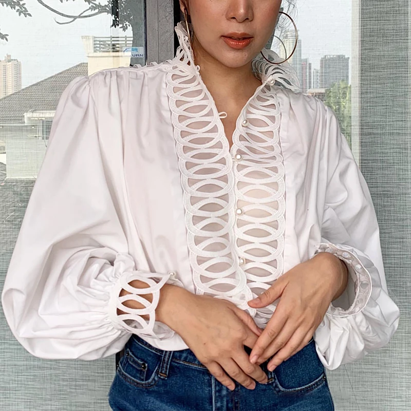 CHICEVER белая открытая женская рубашка водолазка фонарь длинный рукав Лоскутная