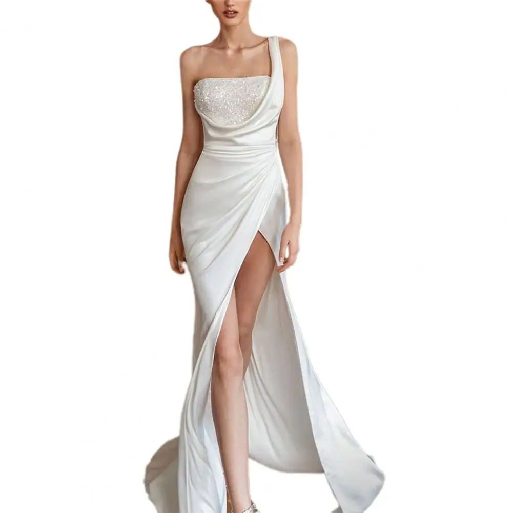 

Ladies Fashion and Elegant Formal Dress One Shoulder Sequined Autumn Satin Surface High Split Party Maxi Dress for Wedding