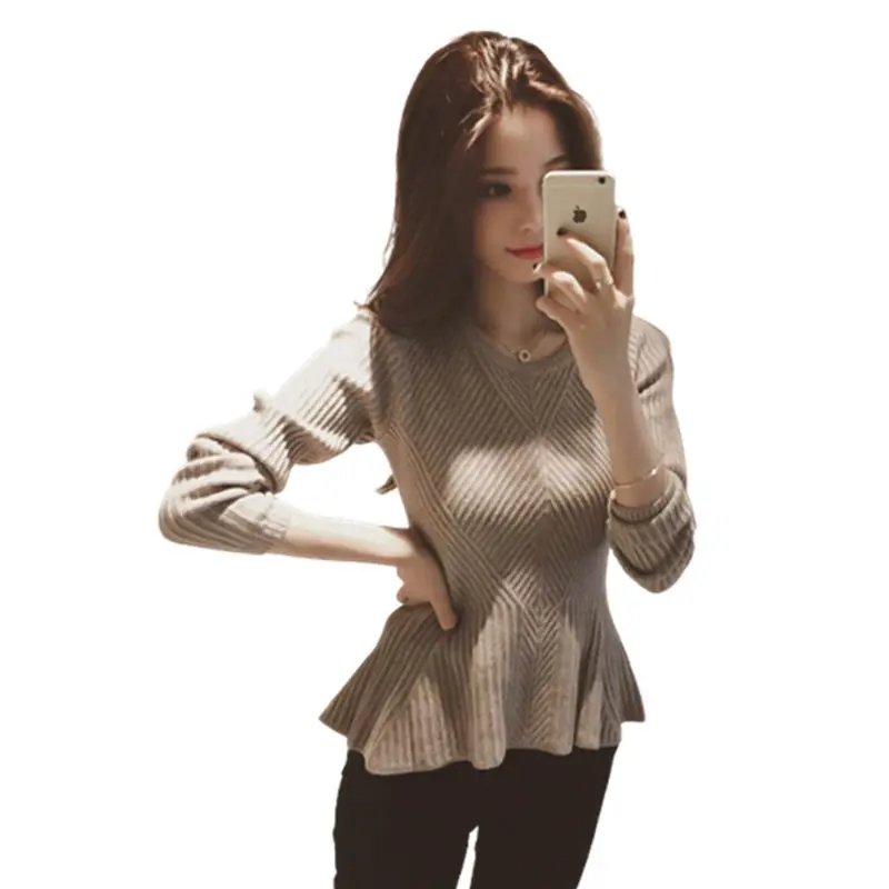 

Autumn and winter women's wear Ruffle hem round neck student T-shirt knitted bottomed shirt long sleeve Pullover tight top