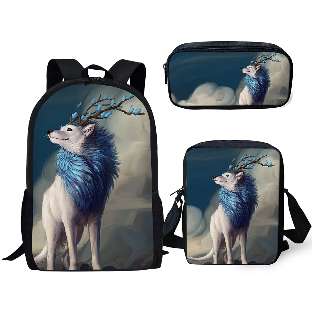 HaoYun Fashion Kids Backpack 3PC Set Fantasy Moon Wolf School Book Bag Kawaii Animal Students Backpack/Flaps Bags/Pen Bas