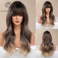 blonde unicorn long wavy synthetic hair wigs ombre blonde brown with bangs for black white women heat resistant fiber daily wig