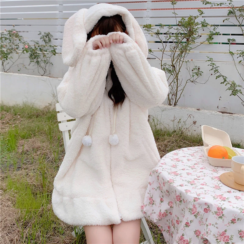 Japanese Lolita Women Sweet Warm Jacket Kawaii Soft Lambswool Ruffles Rabbit Ears Hooded Coats Cute Girls Parkas Winter Outwear