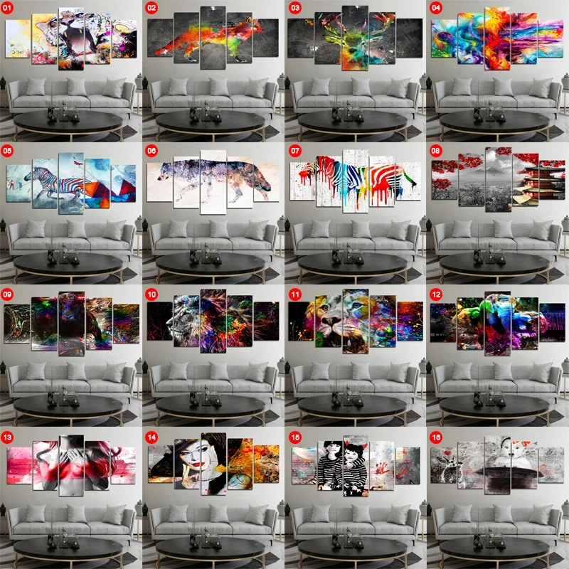 

5 Pieces Decoration Picture Canvas Painting Colorful Animals & Kids & Beauty Wall Art Poster for Living Room Bedroom Background